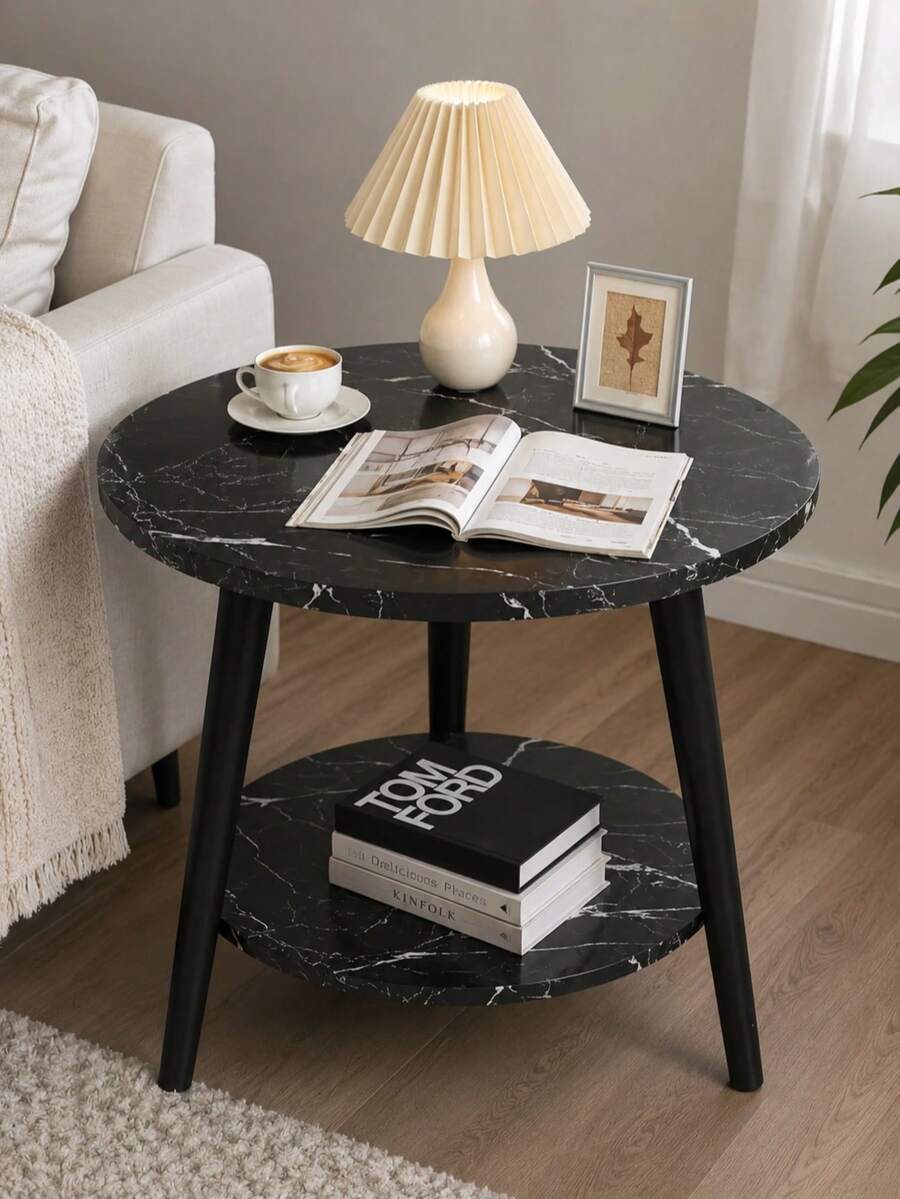 Simple Double-Layer Side Table, Suitable For Home, Living Room, Balcony, Bedroom Nightstand, Small Space - Black - View 1