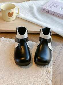 Vintage Patchwork Belt Buckle Kids Boots, Side Zipper Soft Sole Unisex Children's Short PU Boots - Black - View 3