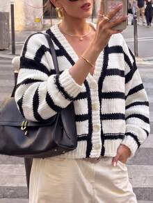 Women's Striped Chunky Knit Cardigan, V-Neck Button-Up Loose Fit Oversized Sweater, Casual French Style Autumn Outerwear - Black and White - View 8