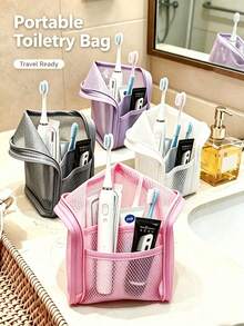 1pc Portable Mesh Toiletry Bag, Standing Travel Cosmetic Organizer, Multi-Pocket Zipper Storage Bag, Suitable For Bathroom, Beach, Vacation Travel Essentials - View 1