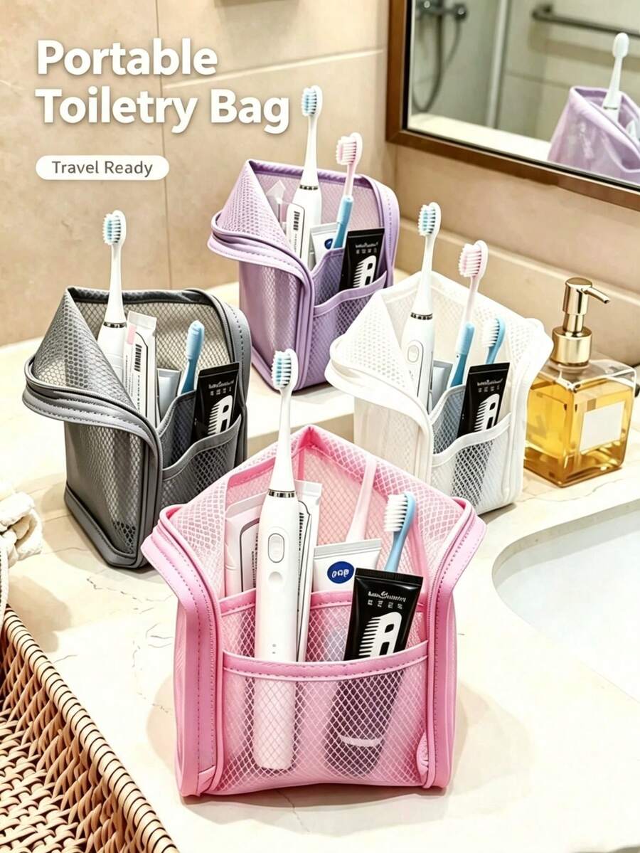 1pc Portable Mesh Toiletry Bag, Standing Travel Cosmetic Organizer, Multi-Pocket Zipper Storage Bag, Suitable For Bathroom, Beach, Vacation Travel Essentials - View 1