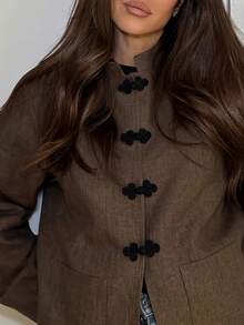 Vintage Brown Open Front Casual Jacket, New Chinese Style Frog Button Stand Collar Women's - Coffee Brown - View 6