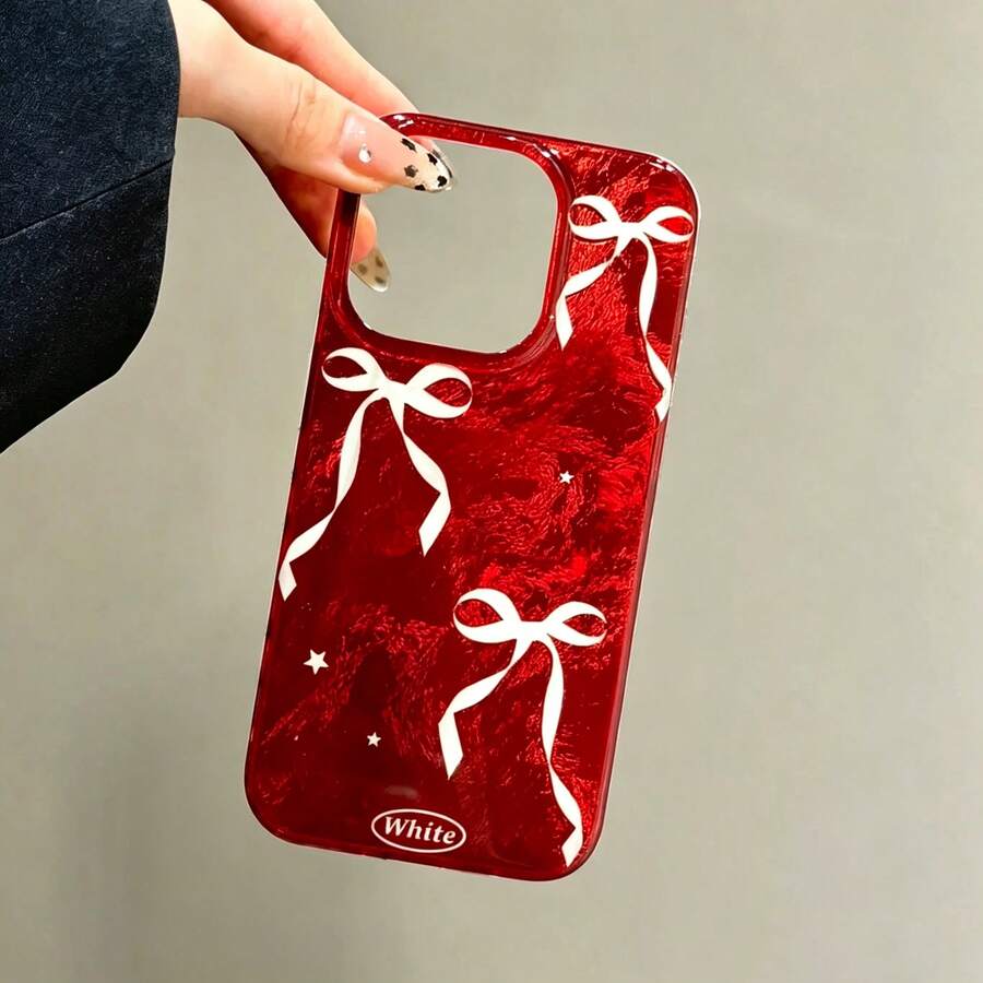 Casing Ponsel Anti Jatuh Motif Gletser Latar Belakang Merah dengan Pita Putih dan Motif Gletser untuk Musim Gugur/Dingin, Kompatibel dengan Apple 16/15 Pro Max/14/13/12 - MultiWarna - View 1