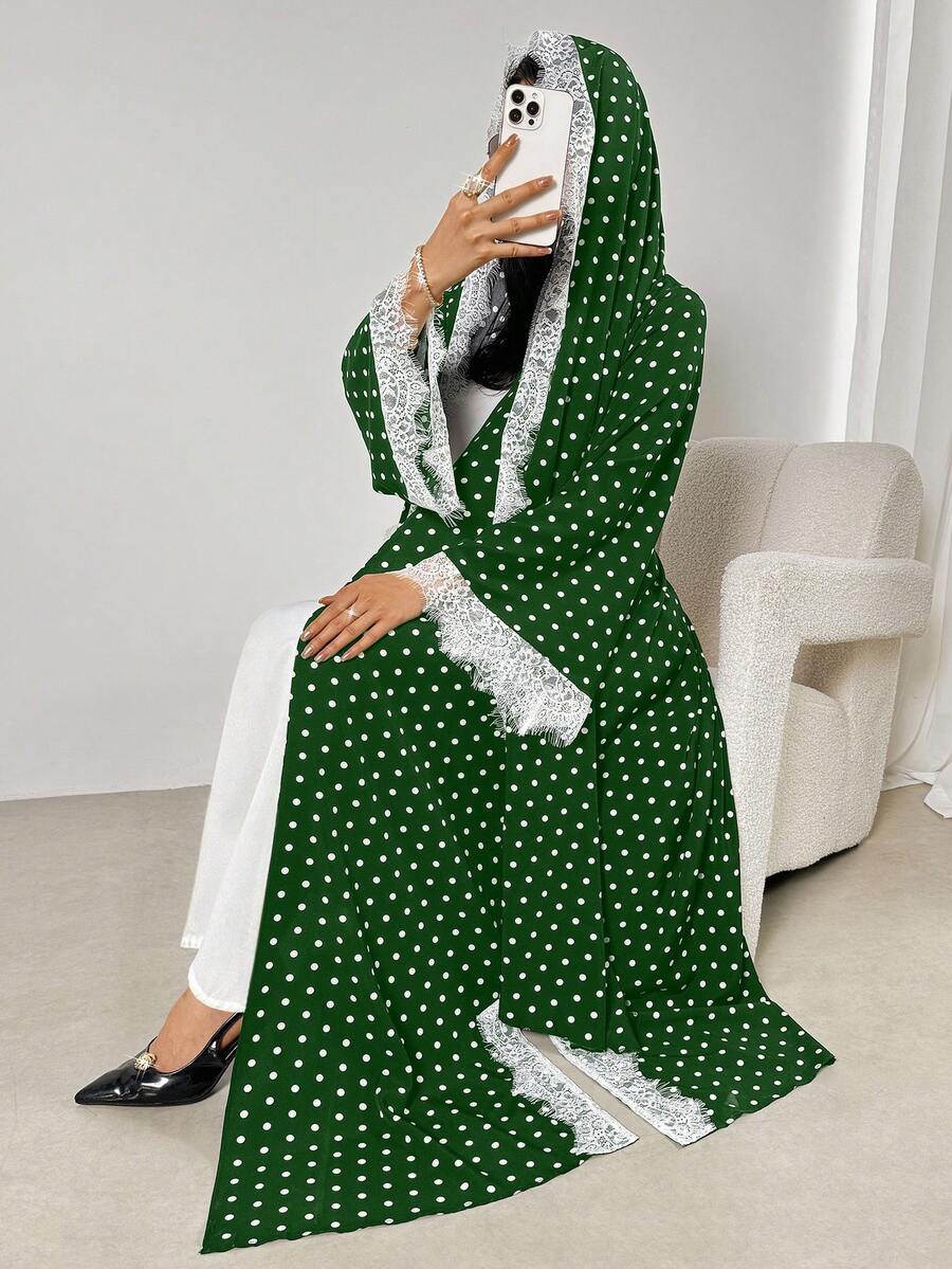 女款優雅波點印花對比蕾絲寬鬆連帽長袍 秋季 - 墨綠色 - 查看 1