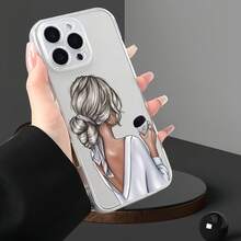 1pc Transparent Coffee Girl Back View Pattern Phone Case Personalized Compatible With IPhone 16 Pro Max/17/16/15/14 Plus/13/12/11/Air And Series - Multicolor - View 3