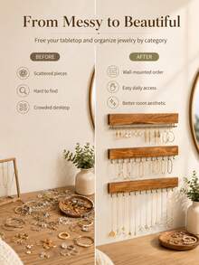 1 Set Natural Wooden Wall-Mounted Jewelry Storage Rack, Rustic Style Necklace & Earring Display Stand, Multi-Hook Design, Space-Saving Jewelry Organizer, Suitable For Bedroom, Vanity, Dressing Room, Home Decor - Multicolor - View 5