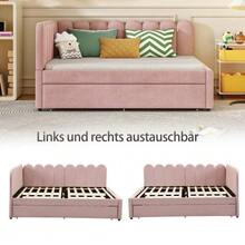 L-Shaped Upholstered Bed, 140x200 Cm Sofa Bed With Floral Backrest And Pull-Out Bed In Beige Velvet Fabric - Pink - View 9