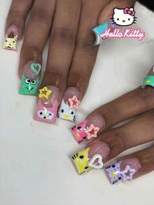 Sanrio Hello Kitty 24片裝 Y2K 中型鴨型彩色彩虹法式指尖穿戴甲，附可愛 Hello Kitty、Melody、Pompompurin 3D 蝴蝶結與星星設計，完美貼合假指甲套組，適合女性與女孩日常與派對使用 - 彩色 - 查看 2
