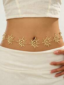 1pc Bohemian Style Gold Sun Spiral Waist Chain, Adjustable Sun Pendant Body Chain, Summer Beach Festival Women's Belly Chain - Gold Necklace - View 15