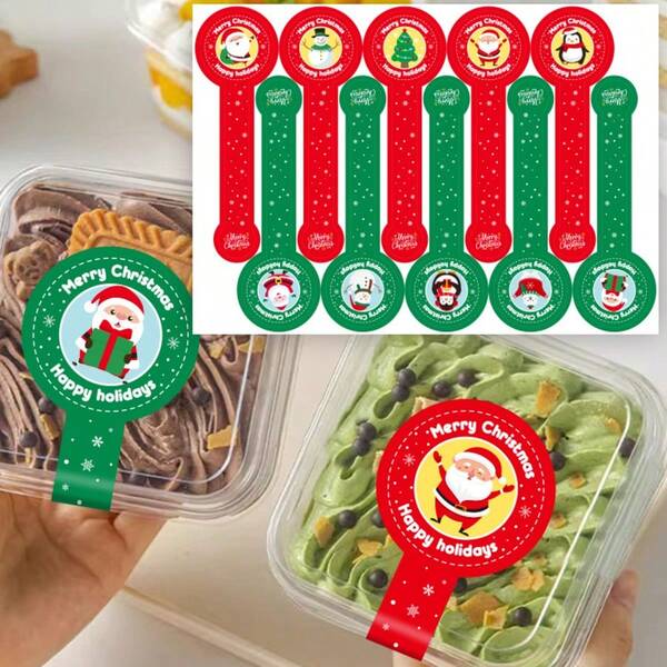 100 stuks/pak Kerstthema lange strip zegelstickers, Kerstman Sneeuwpop vakantiepatroon, zelfklevende labels, geschikt voor cadeaudozen, snoepzakken, koekjeszakken verzegelen, Kerstfeest cadeauverpakking decoratiestickers