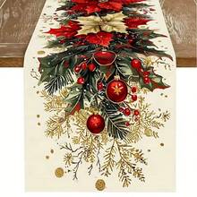 1 Set Of Linen Table Runner, Holly And Red Gold Christmas Decoration Ball Pattern. Durable Indoor And Outdoor Holiday Table Flags, Suitable For Kitchen, Restaurant, And Christmas Party Decoration, Holiday Themes, And Home Decor. - Multicolor - View 13