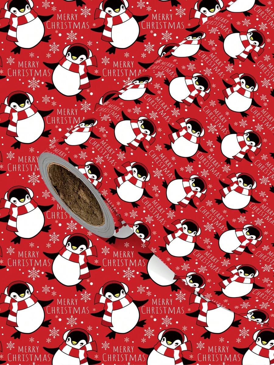 1 Roll Of Christmas Gift Wrapping Paper Featuring A Christmas Penguin Pattern;Perfect For Christmas Gift Wrapping,Holiday Party Decor,Home Festive Decoration,DIY Craft,Festive Favour Wrapping Dimensions: 43 Cm X 300 Cm - A - View 1