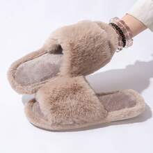 Dép lê nữ mùa thu/đông lông xù, kiểu dáng slouchy màu trơn lông thỏ nhân tạo, một quai, mềm mại thoải mái, đa năng, ấm áp, hở mũi, đế cao su chống trượt - Lạc đà - Xem 6