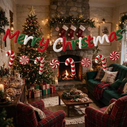 Felt Set, Merry Christmas Candy Cane Sweet Pattern Hanging Banner, Christmas Decoration Party Supplies, Suitable For Christmas Gift Atmosphere Arrangement, Home And Outdoor Decoration, Holiday Gathering, Christmas Fireplace Wall Hanging Decor