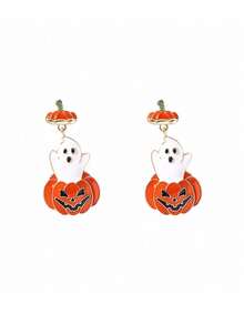 1pc Novel Halloween Pumpkin Earrings, Micro-Inlaid Rhinestones With Enamel Coating, Fun Exaggerated Ear Jewelry - Orange - View 4