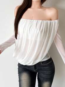 Women's Off-Shoulder Semi-Sheer Knit Top, Asymmetrical Hem, Long Sleeve Regular Fit, Suitable For Autumn Wear - White - View 4