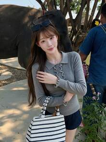 Sweater Rajut Lengan Panjang Kancing Kerah Polo Gaya Klasik untuk Wanita, Desain Musim Gugur/Dingin, Atasan Pelangsing - Grey - View 1