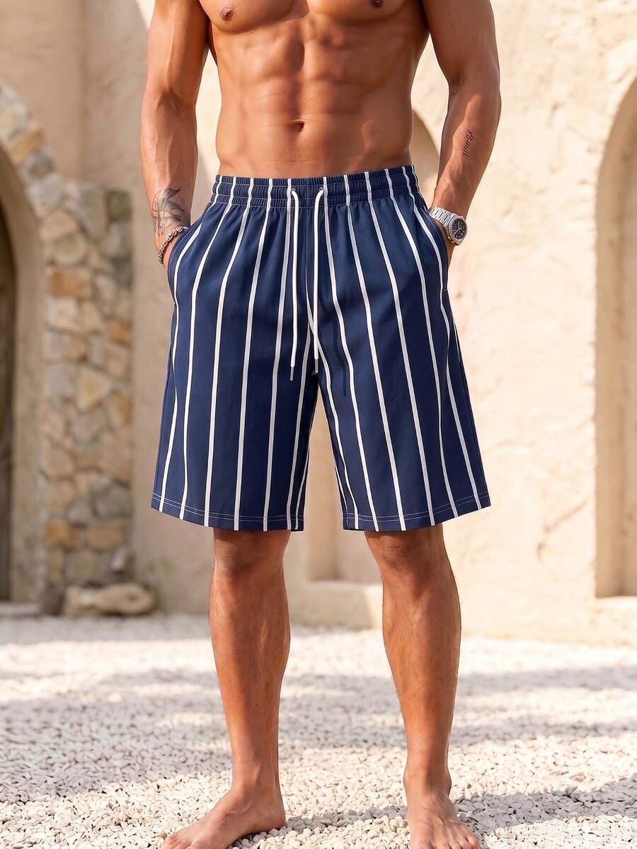 Men's Summer Casual Striped Shorts Loungewear - Navy Blue - View 1