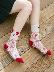 6 Pairs Women's 3D Bear Ear Christmas Socks, Soft Warm Comfortable, Suitable For Home And Holiday Parties - Multicolor - View 5
