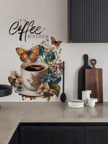 1pc Vintage Floral Butterfly Coffee Cup "IT'S COFFEE O'CLOCK" Wall Decor Sticker, Cozy Coffee Corner Atmosphere For Living Room And Dining Room - 1PC - View 2