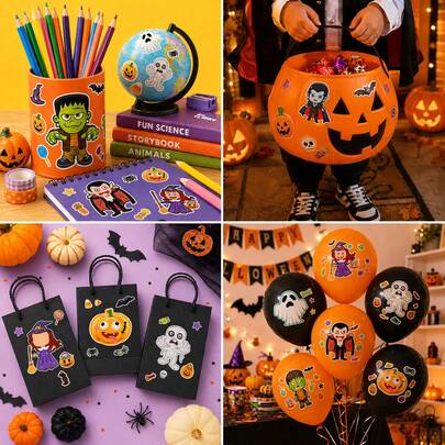6/12/24/48Pcs Halloween Make-A-Face Sticker Sheet, Kids Party Favor Craft Supplies, Make Your Own Characters Stickers With Vampire, Witch, Ghost, Halloween Party Supplies, Party Favor, Boo Basket Stuffers, Classroom Rewards
