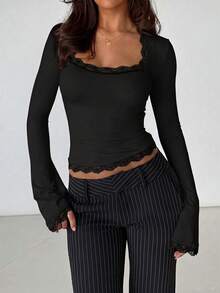Unadoll Women Fall‑Winter Black Basic Square Neck Lace Trim Flare Long Sleeve Crop Top, Solid Fitted Blouse, Casual Tee For Back To School & Going Out - Black - View 9