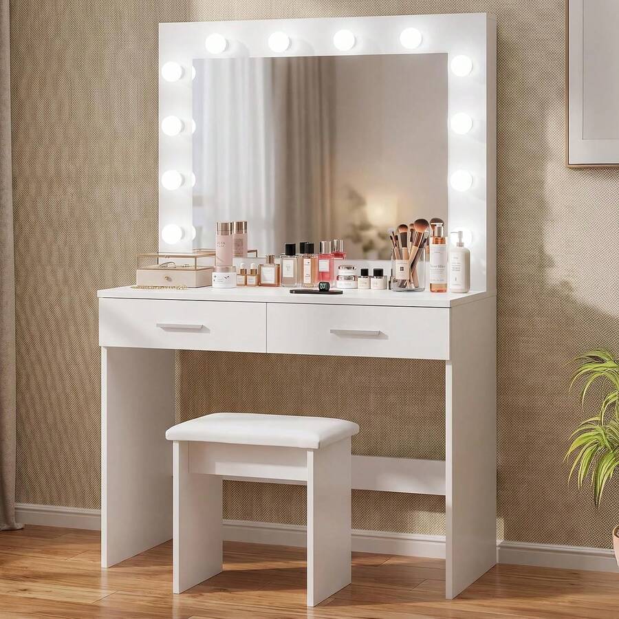 White Dressing Table Set With LED Lights Mirror, Vanity Makeup Table 2 Large Drawers And Stool - 白色 - 查看 1