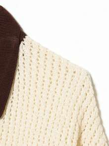 DEEKA Autumn/Winter New Women's European And American Style Fashion Minimalist Turn Collar Striped Knit Short Sleeve Sweater - Beige - View 6