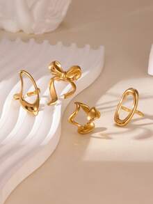 GEREIT 4pcs 18K Gold Plated Stainless Steel Linear Circle Bow Open Ring - Gold - View 4