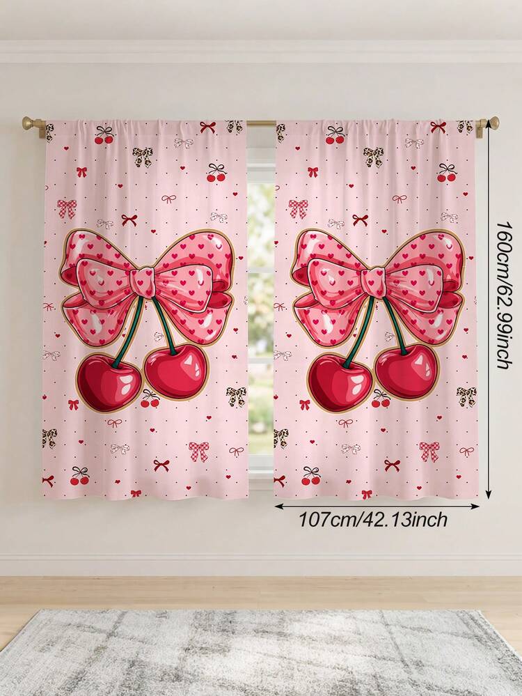 2PCS, Pink Heart Bow Cherry Print Curtains, Sweet Girl Style Bedroom Decor Fabric Curtains - Multicolor - View 17