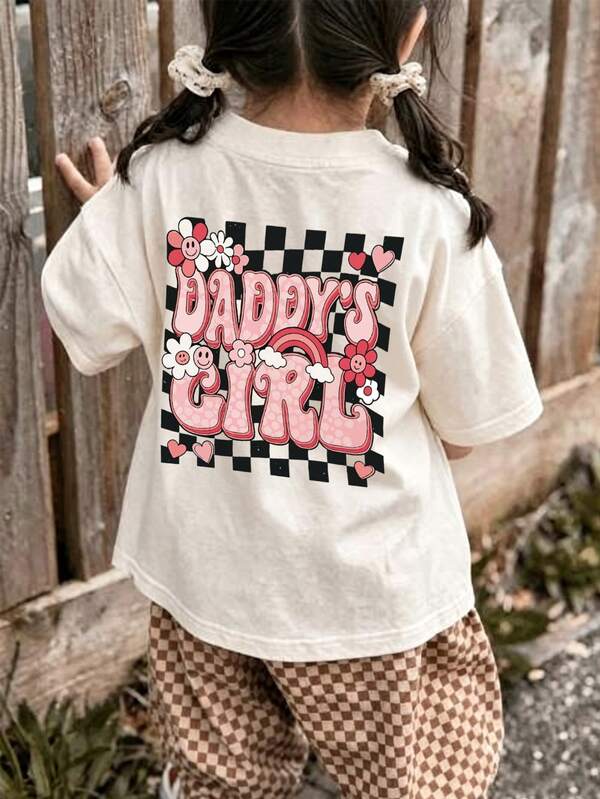 Baby GirlMinimalist Plaid Graffiti & Letter Print Round Neck Short Sleeve Cute Top