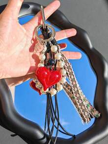 Nicekee Heart Pendant Beaded Braided Strap Keychain, Clip-On Bag Charm, Phone Pendant, Creative Vintage Daily Travel Key Ring, Gift Accessory For Small Item Storage - Multicolor - View 3