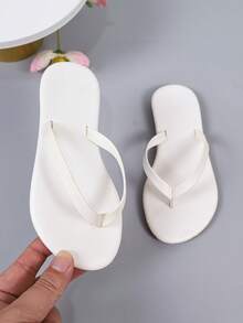 White Solid Color Kids Flip Flop Sandals, Minimalist Thin Strap Flat Sole, Daily Indoor/Outdoor Wear, Girls Slip-On Flip Flops - White - View 6