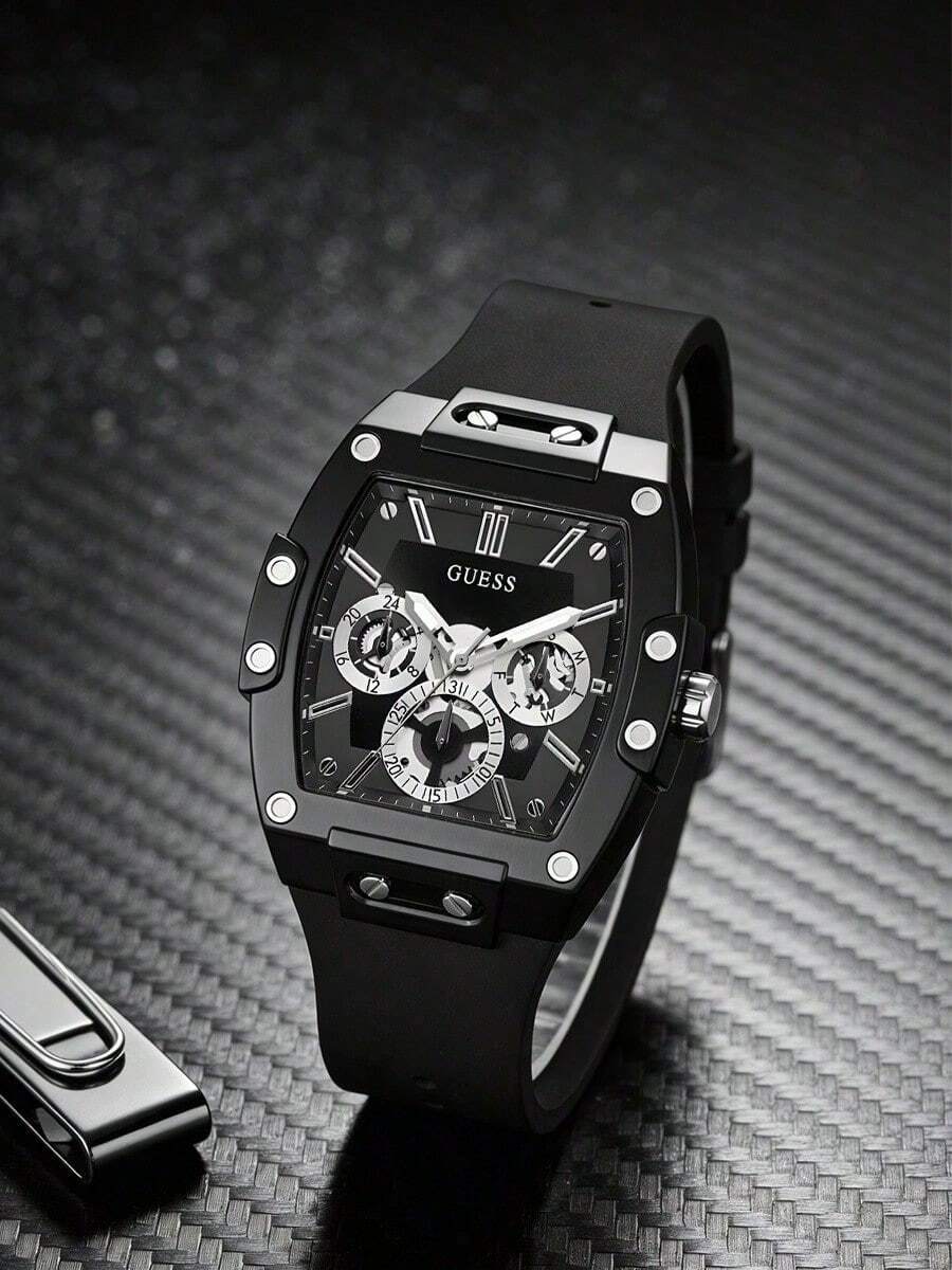 GUESS Men's Matte Black Barrel-Shaped Multifunction Quartz Watch, Black Soft Silicone Strap, GW0203G3 - one-size - View 1