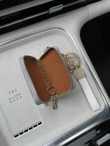 1pc Korean Style Fine Glitter Full Rhinestone Sun Car Key Pouch, Creative Rhinestone Diamond Grid Anti-Drop Key Chain, Premium Car Key Holder Pendant Wrist Strap, Universal Sparkling Car Key Protective Cover Storage Bag - A - View 5