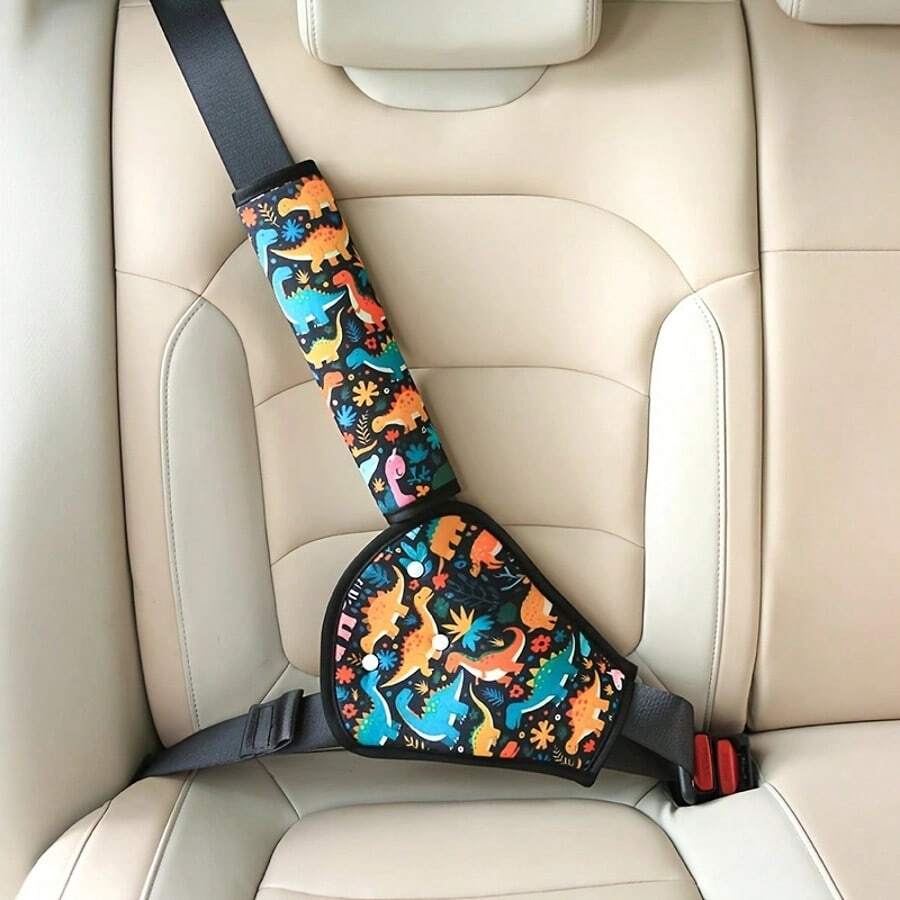 2件組恐龍圖案汽車安全帶調節器與固定器,防窒息肩部護墊與腹部保護套,可愛可拆卸便攜式防窒息腹部+肩部護墊套組 - 彩色 - 查看 1