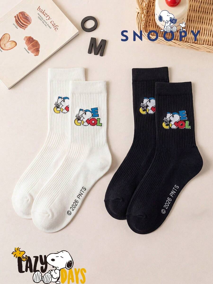 1/2 Pairs Snoopy Socks Men's Winter Socks Black And White Striped Breathable Crew Socks, Suitable For Students Adults Gift Daily Use Fun Christmas Gift - Multicolor - View 1
