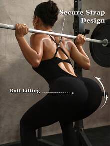 1pc Tummy Control Butt Lifting Fitness Jumpsuit, Backless Design, Seamless 4-Way Stretch, Compression Shaping Sports - Black - View 4