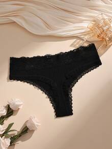 5pcs Random Color Lace Patchwork Low Waist Ribbed Cotton Women's Thongs - Multicolor - View 5