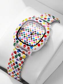 Women's Square Colorful Polka Dot Print Quartz Watch, Elastic Stretch Band Colorful Polka Dot Print Digital Scale Dial Personalized Design Wristwatch, Exquisite Gift For Girlfriend (1pc/Set) Watch Box Not Included - Multicolor - View 1