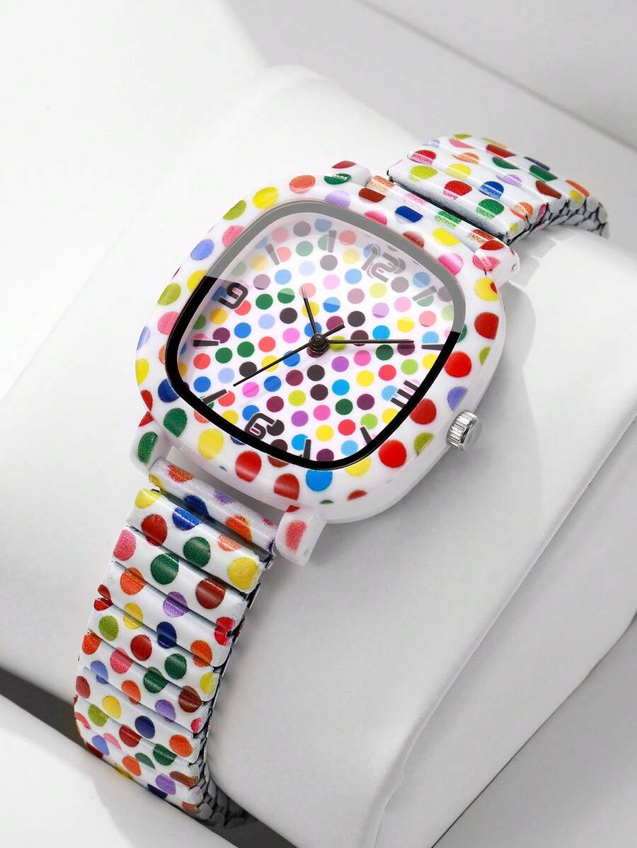 Women's Square Colorful Polka Dot Print Quartz Watch, Elastic Stretch Band Colorful Polka Dot Print Digital Scale Dial Personalized Design Wristwatch, Exquisite Gift For Girlfriend (1pc/Set) Watch Box Not Included - Multicolor - View 1