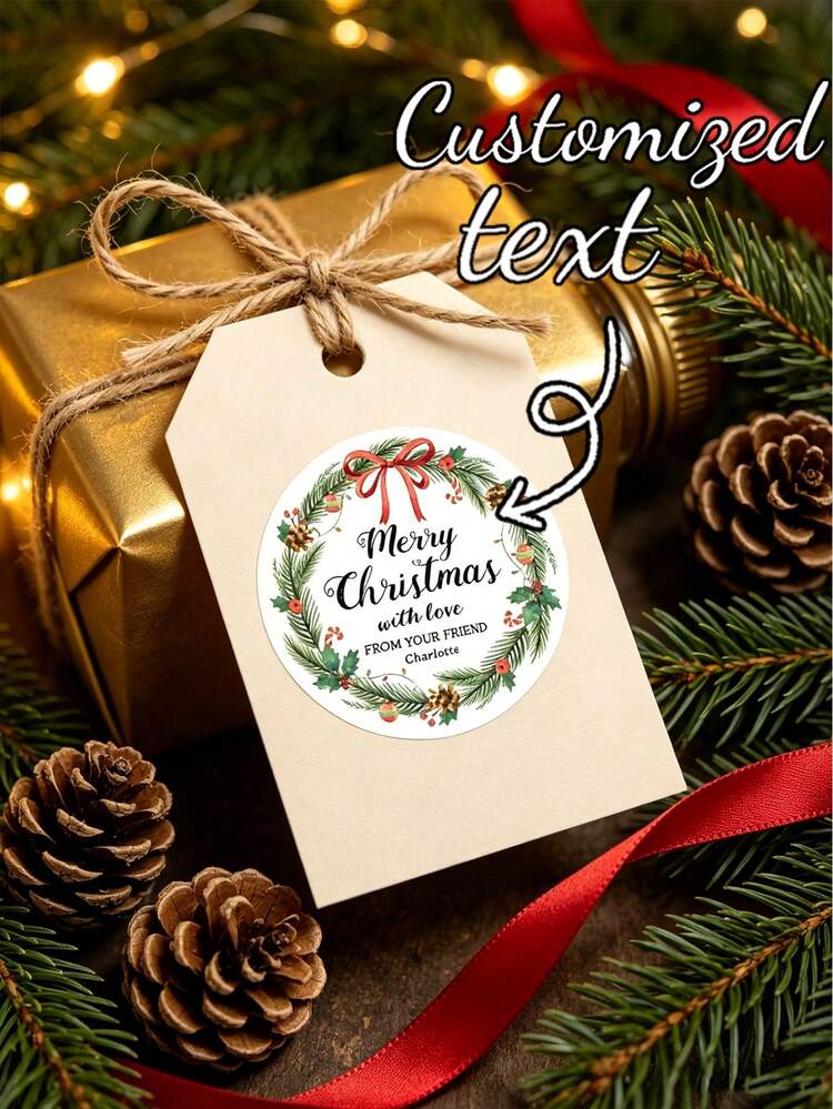 24/48pcs Customized Christmas Stickers Gift Labels, Customized Christmas Wreath Stickers, Customized Text Round Stickers Gift Labels - Gift Bag Stickers, Dessert And Baked Goods Packaging Box Personalized Self-Adhesive Labels, Christmas Stickers, Holiday Calendar - Multicolor - View 1