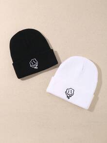 2 Peças Conjunto de Gorro Bordado Minimalista para Mulheres e Homens, Gorro de Malha com Gráfico de Desenho Animado Fofo, Gorro Quente Casual de Streetwear, Presente Combinado para Casais - Multicolorido - Visão 5