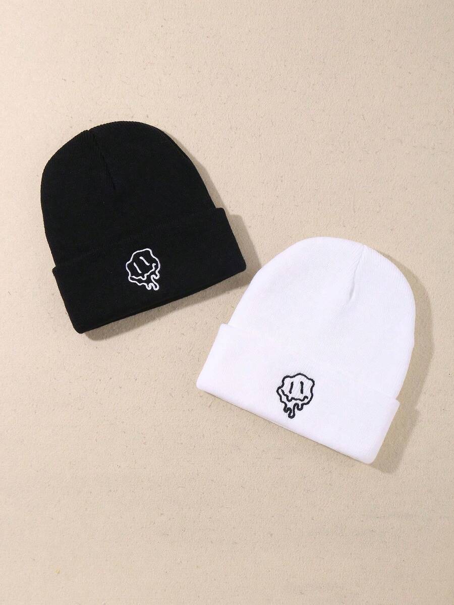 2件組極簡刺繡針織帽,男女通用,可愛卡通圖案,休閒街頭風保暖帽,情侶對款禮物 - 彩色 - 查看 1