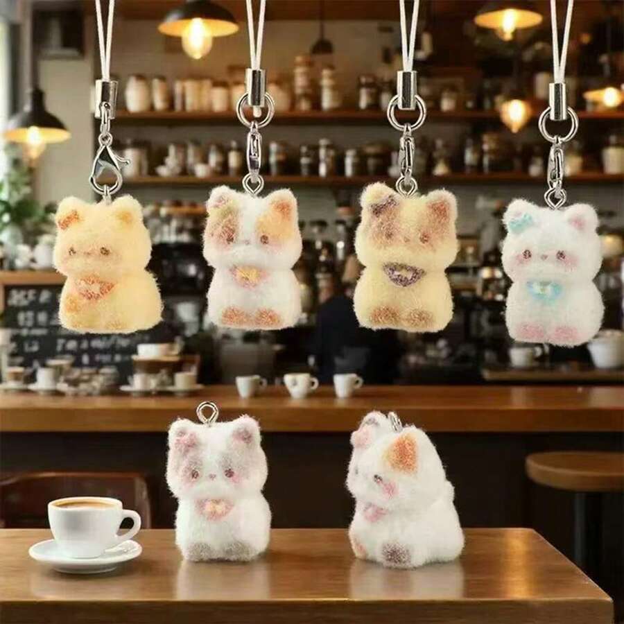 Panini 1-5pcs Flocked Gradient Tie Dye Cute Doll Pendant, Blushing Face Adorable Desktop Ornament - DIY Pendant, 3D Sitting Cat Hanging Decor, Versatile Accessory For Backpack, Car, Keys, Gentle Healing Style Portable Accessory - Metal Clasp, Commuter Bag, Car Interior Decoration