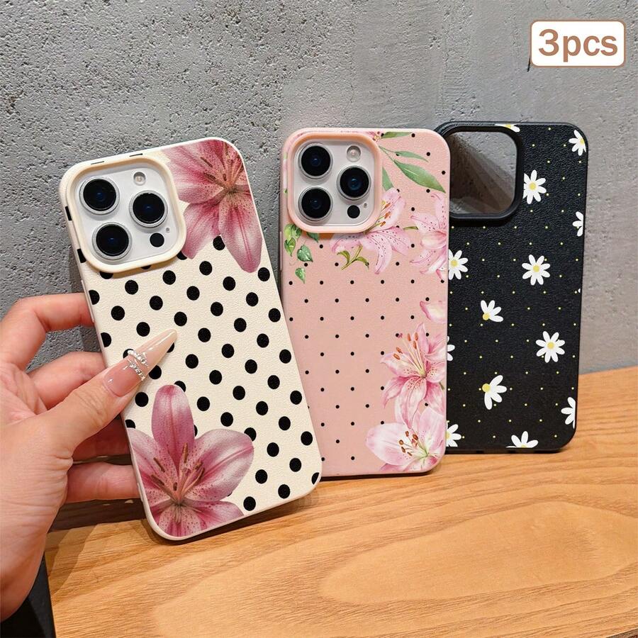 3pcs Lily Floral Lychee Texture Anti-Slip Waterproof Anti-Drop Phone Case Set, Covers, Flower Phone Case, White / Black / Pink 3-Color Faux Leather Texture Protective Cover - Multicolor - View 1