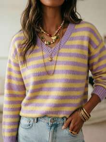 Women's Striped Top, Beautiful Sweater, Long Sleeve Pullover, Elegant Casual Clothing For Daily Wear And Vacation In Spring, Autumn And Winter - Mauve Purple - View 2
