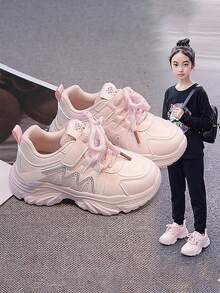 New Girls' Cute Bear Decor Chunky Sneakers, Hook & Loop Soft Sole Versatile Casual White Sneakers For Daily Wear - Pink - View 1