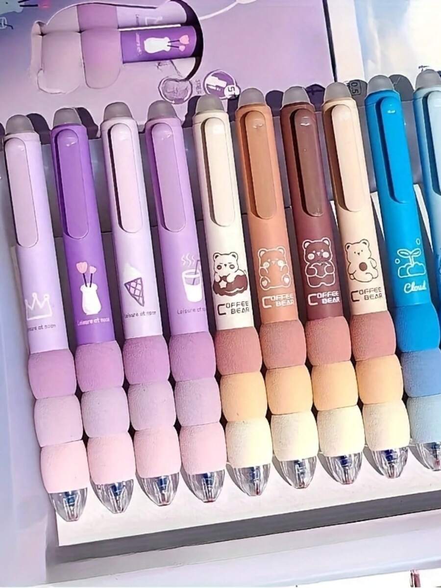 24 PCS Cute Cartoon Erasable Gel Pens, Soft Grip, Press-Button 0.5Mm Fine Tip, Adorable Pet And Food Patterns, - Back-To-School Supplies