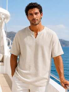1pc Men's Navy Blue Faux Linen Textured Henley Collar T-Shirt, Loose Fit Dropped Shoulder Draped Silhouette, Lightweight Breathable Polyester Fabric, Summer Vacation Style, Machine Washable, Casual Short Sleeve Top For Beach And Relaxed Summer Wear - Apricot - View 5